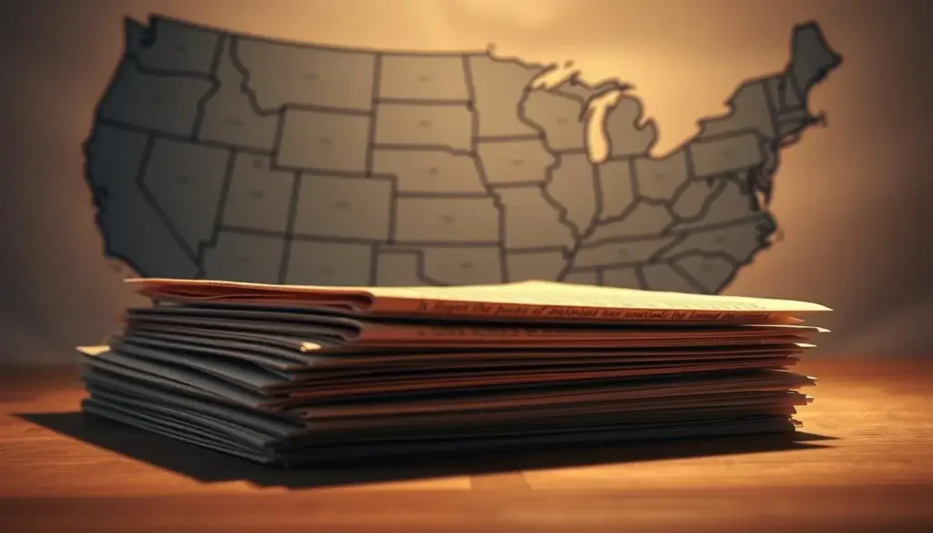 A detailed map of the United States, its states depicted in shades of gray, with intricate borders and silhouettes. In the foreground, a stack of legal documents, their pages meticulously rendered, casting soft shadows on the surface below. The lighting is warm and inviting, highlighting the nuanced textures of the materials. The composition is balanced, with a sense of depth and scale, conveying the gravity and significance of the subject matter - the emancipation laws that govern each state's approach to legal independence for minors. Typically available for individuals 16+ who can demonstrate financial stability and personal maturity