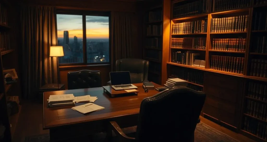 A dimly lit office, warm amber lighting casting a comforting glow. Bookshelves lining the walls, filled with legal tomes and case files. On a sturdy oak desk, a laptop and scattered papers, evidence of diligent effort. In the foreground, an empty chair, ready to welcome a client seeking asylum, their story yet to be told. Through the window, a cityscape at dusk, a reminder of the world beyond these four walls. Soft shadows and muted tones create an atmosphere of quiet contemplation, a sanctuary for those in need of legal guidance and advocacy. A dimly lit office, warm amber lighting casting a comforting glow. Bookshelves lining the walls, filled with legal tomes and case files. On a sturdy oak desk, a laptop and scattered papers, evidence of diligent effort. In the foreground, an empty chair, ready to welcome a client seeking asylum, their story yet to be told. Through the window, a cityscape at dusk, a reminder of the world beyond these four walls. Soft shadows and muted tones create an atmosphere of quiet contemplation, a sanctuary for those in need of legal guidance and advocacy.